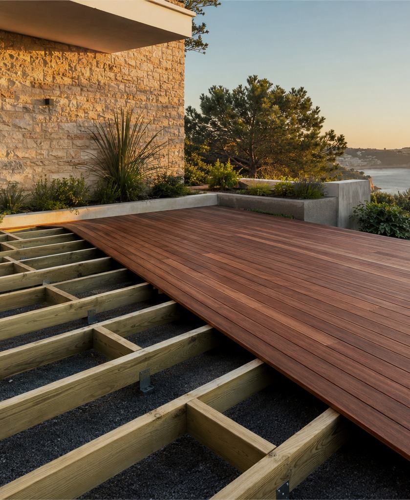 Estrutura em madeira tratada de um deck em construção